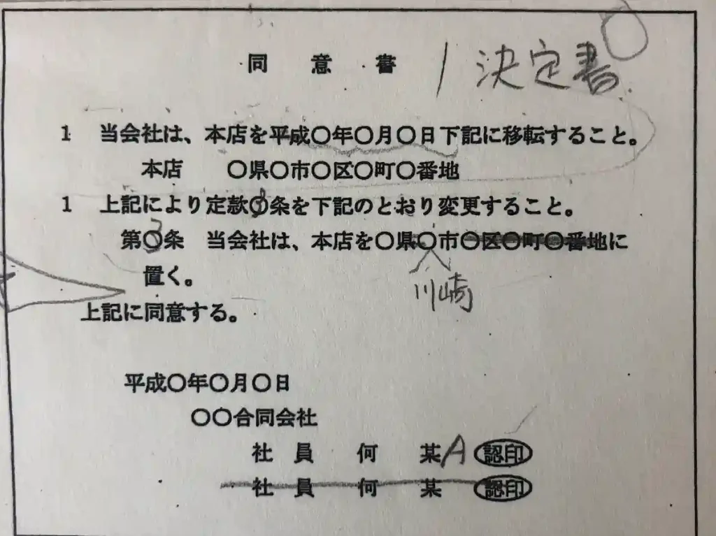 일본 법인주소 변경 결정서(決定書) 또는 동의서(同意書)